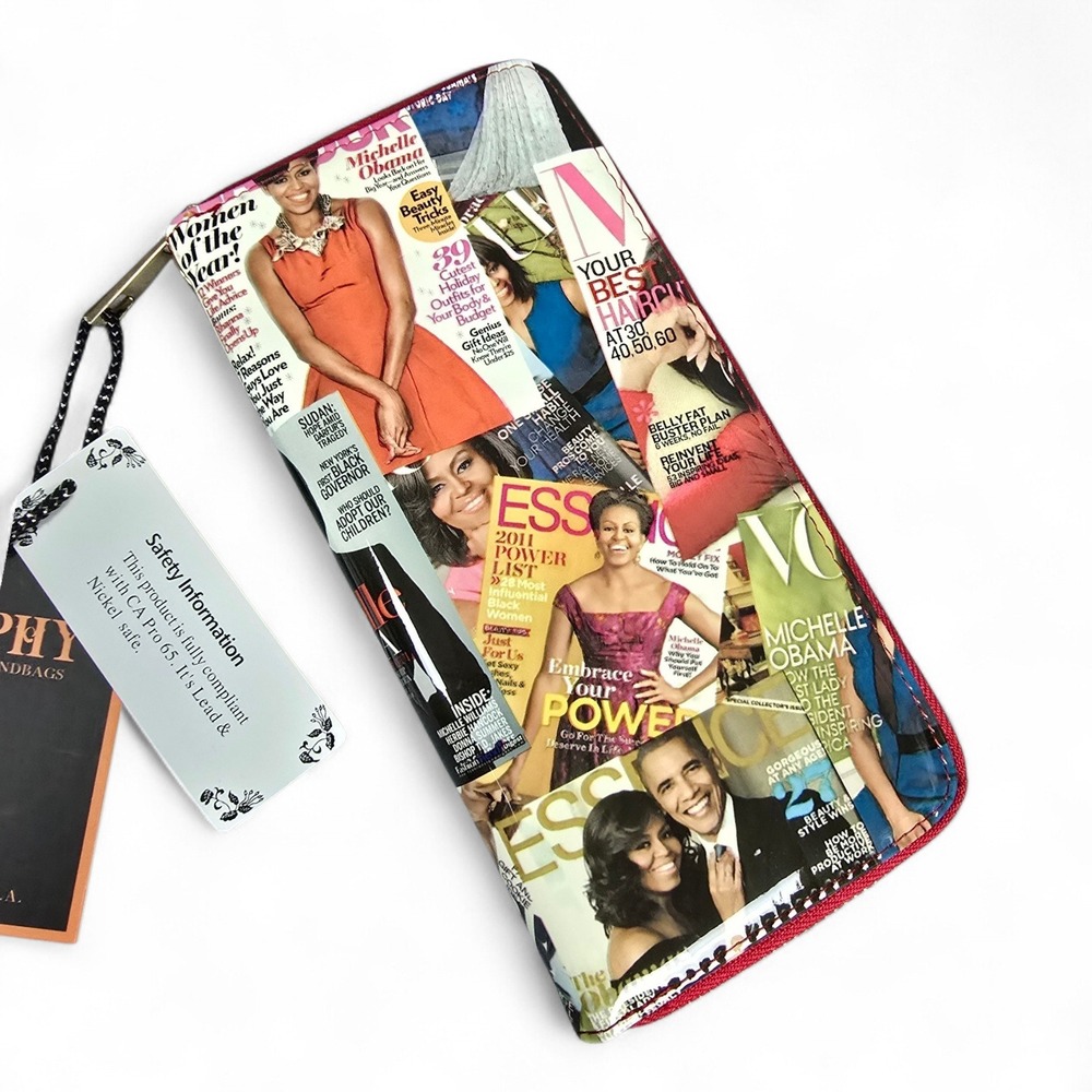 Michelle Obama Magazine Collage Zip Around Vegan Leather Wallet‎ New NWT